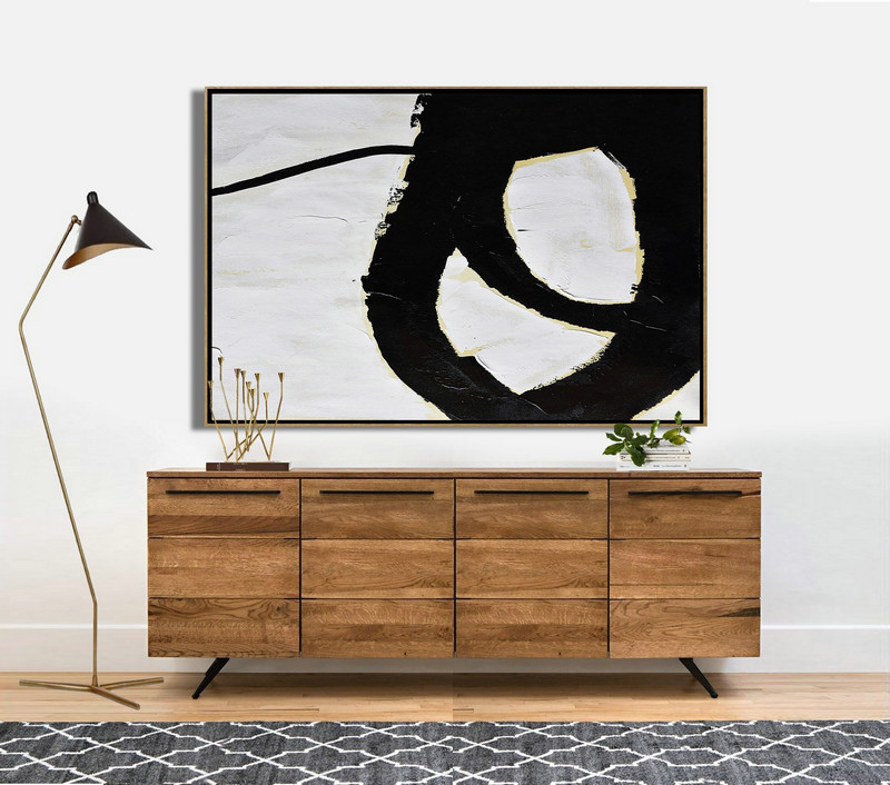 Large Oil Canvas Art,Horizontal Palette Knife Minimal Canvas Art Painting Black White Beige - Acrylic Painting Wall Art
